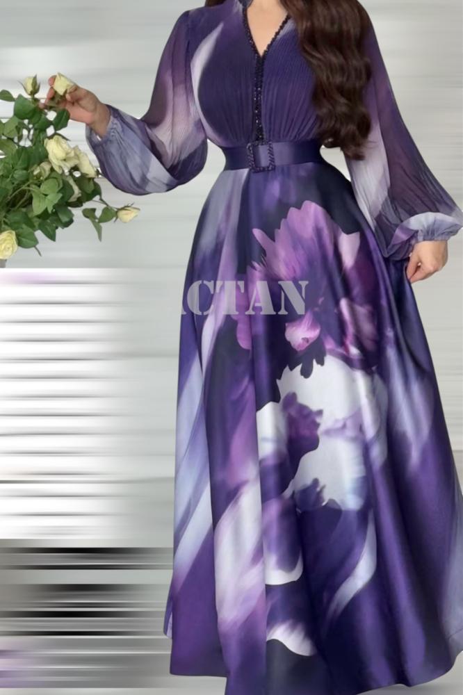 Purple Floral Print Maxi Dress المقاس:(M - 38)