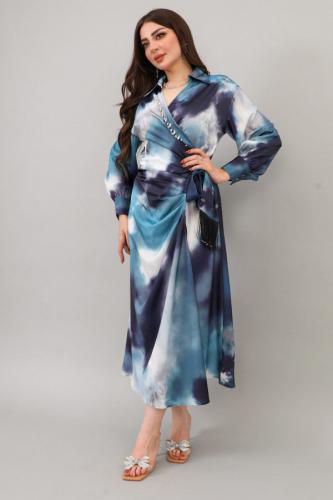 Midi dress with a tie at the waist, embellished with fringe and crystals المقاس:(L - 40)