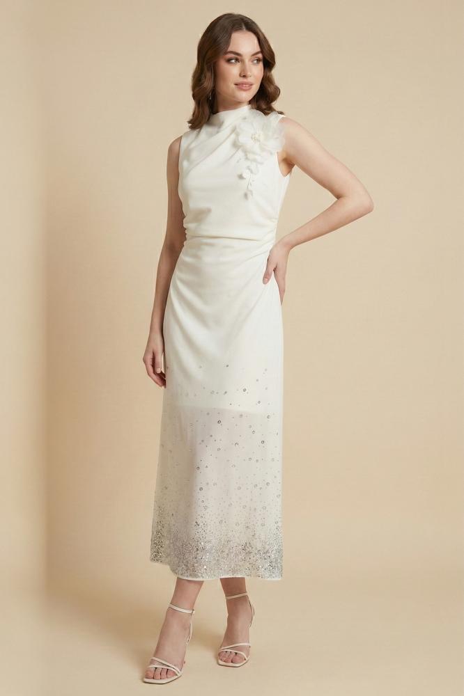 Beige draped dress with rose brooch المقاس:(S - 36)
