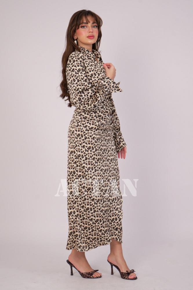 Beige leopard print draped dress المقاس:(L - 40)