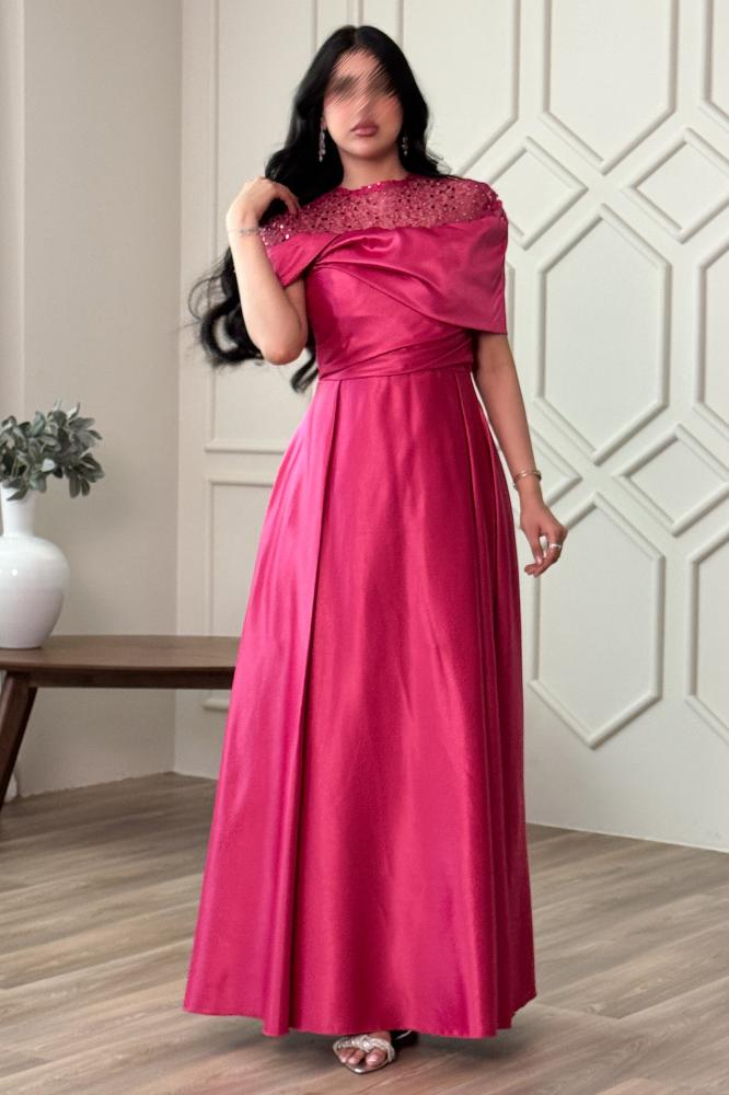 Fuchsia satin taffeta dress with collar sleeves المقاس:(L)