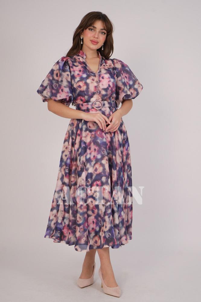 Navy blue puff sleeve midi dress المقاس:(L - 40)