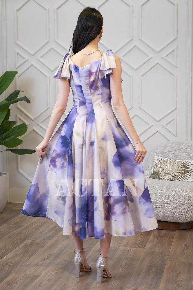 Purple Floral Print Bow Shoulder Dress المقاس:(L - 40)