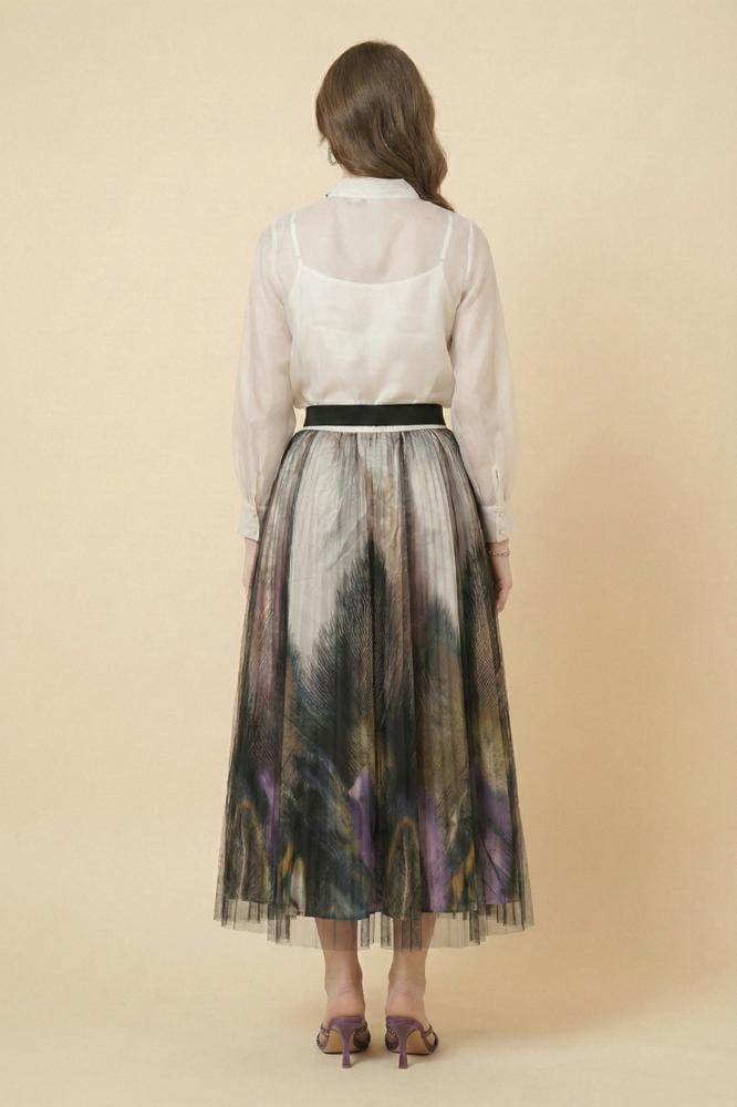 Black Floral Print Tulle Shirt and Skirt Set المقاس:(L - 40)