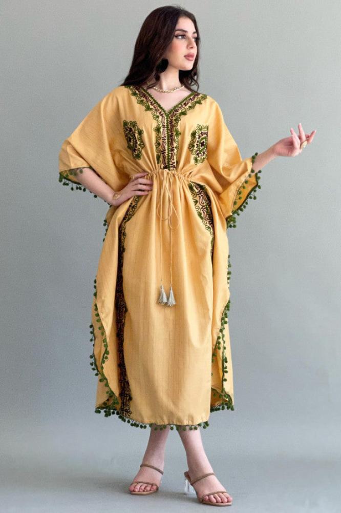 Yellow embroidered butterfly jalabiya المقاس:(M)