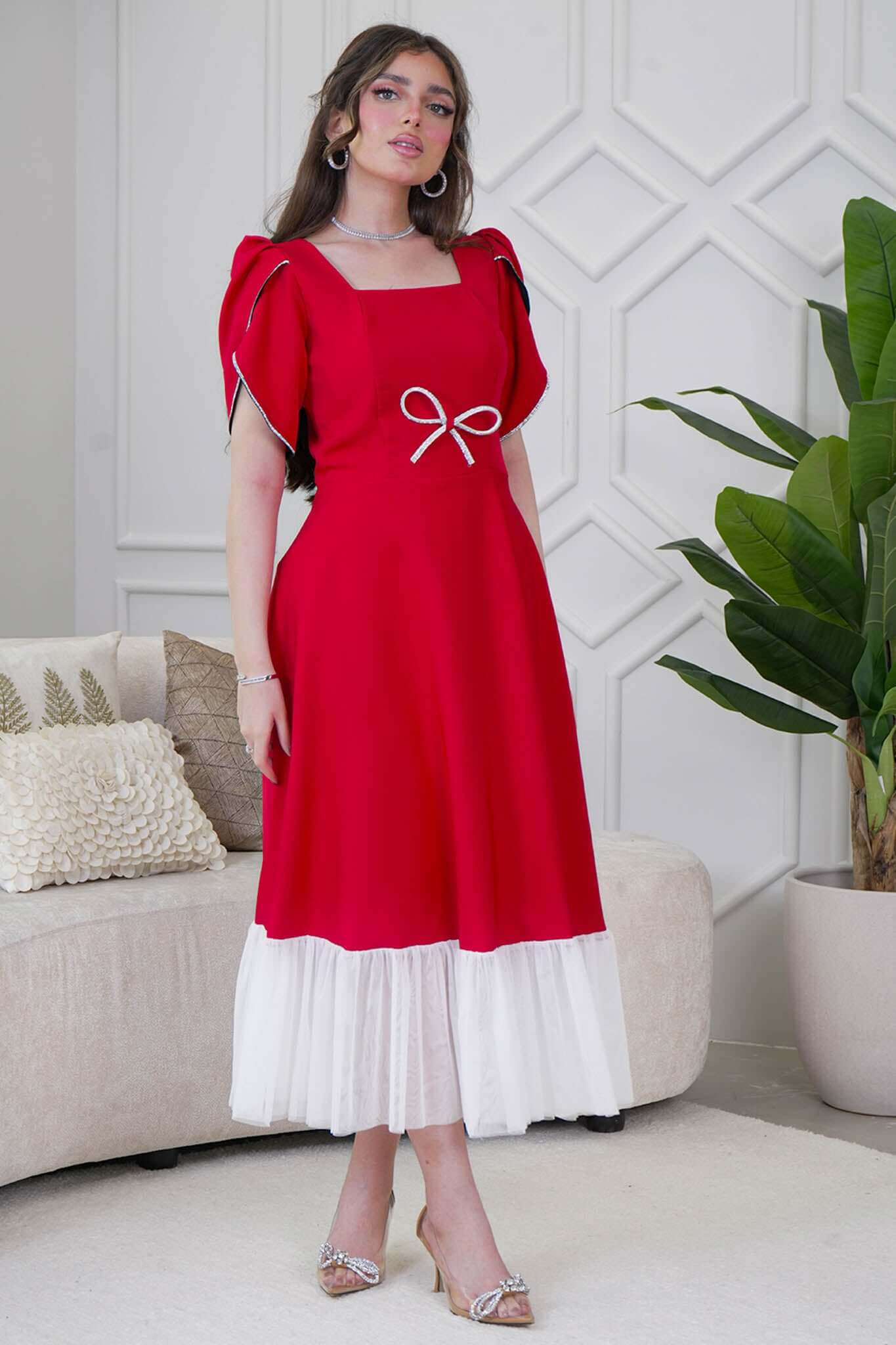 Red sequined short-sleeved midi dress