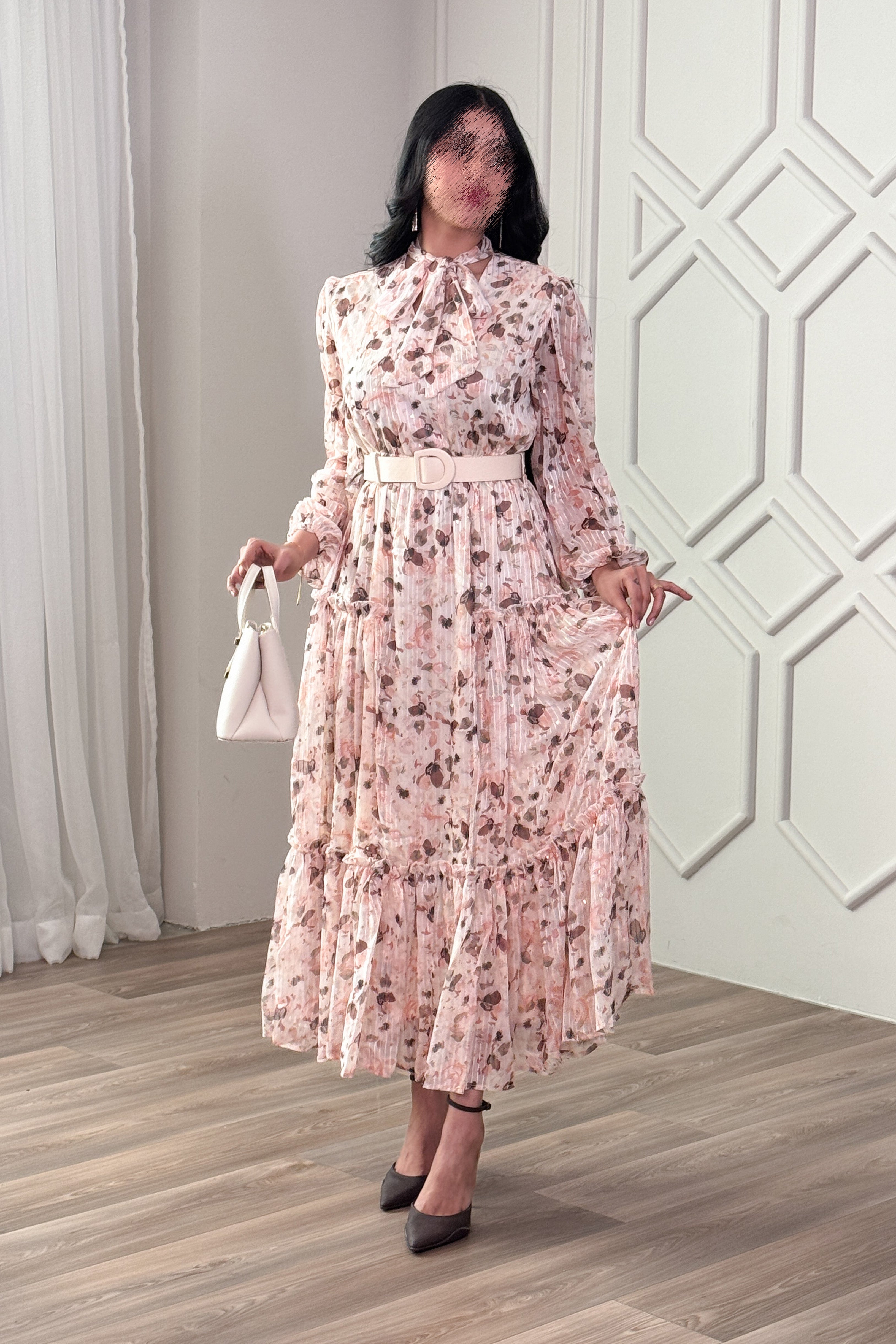 Pink floral print dress with tie