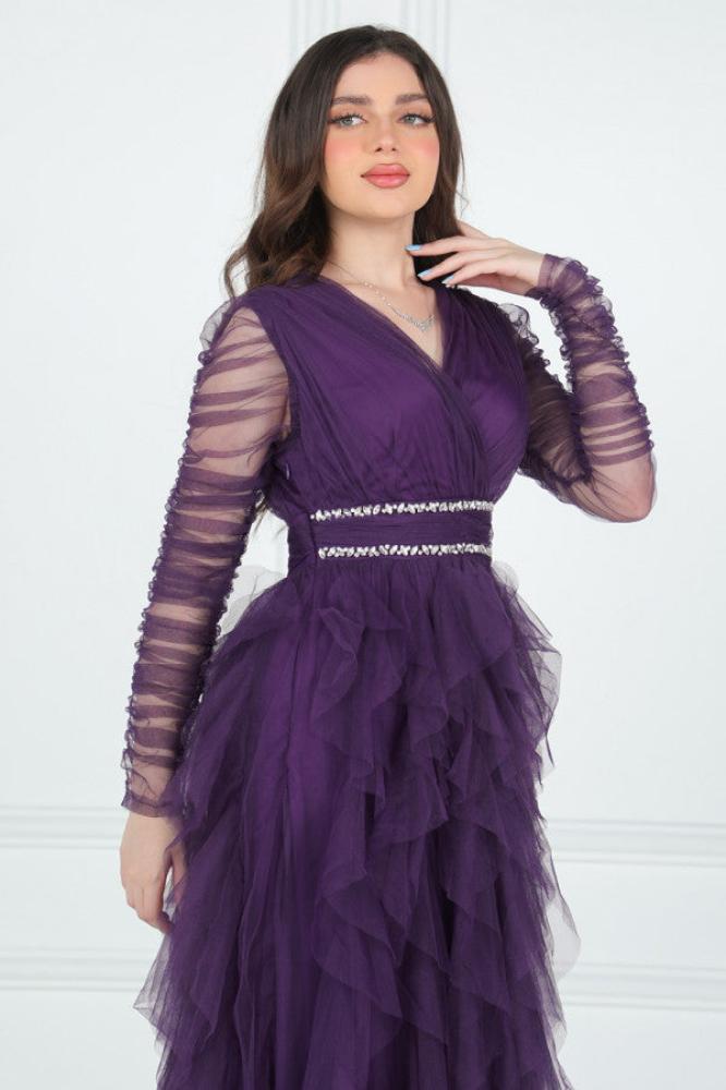 Purple evening dress with embroidered ruffles and waist المقاس:(L - 40)