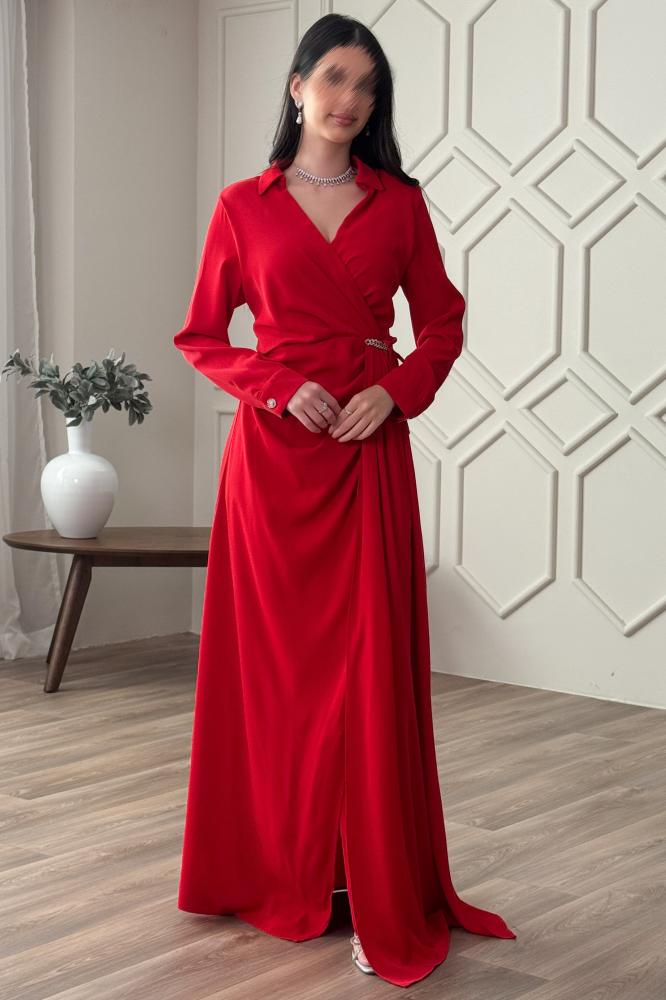 Red pleated wrap long dress المقاس:(XXL - 44)