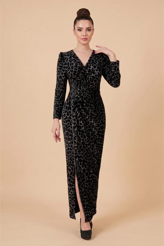 Leopard print velvet dress with side slit and crystals المقاس:(L - 40)