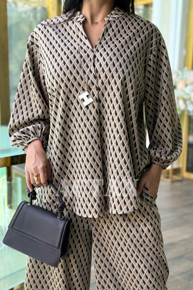 Abstract Print Blouse and Wide Leg Pants Set المقاس:(L - 40)