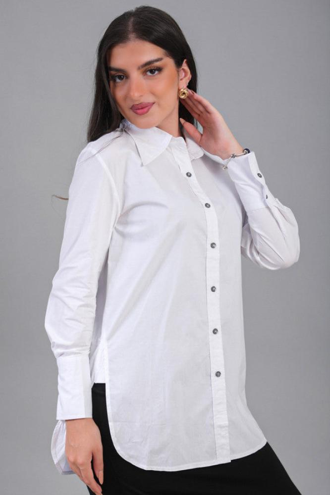 Solid color button-up polo shirt in white المقاس:(M)