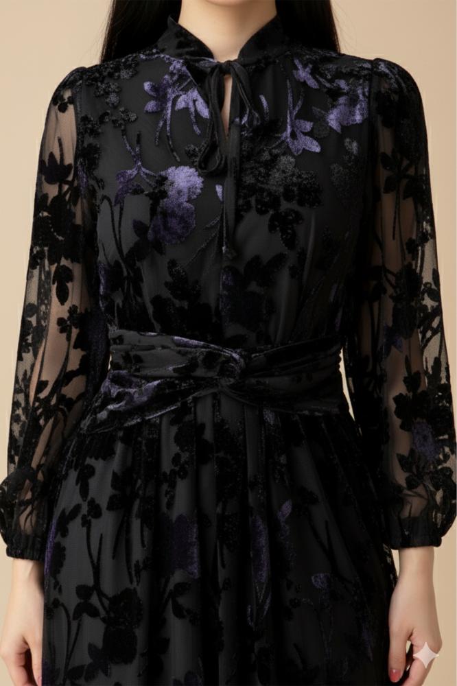 Floral Print Velvet Maxi Dress المقاس:(L - 40)