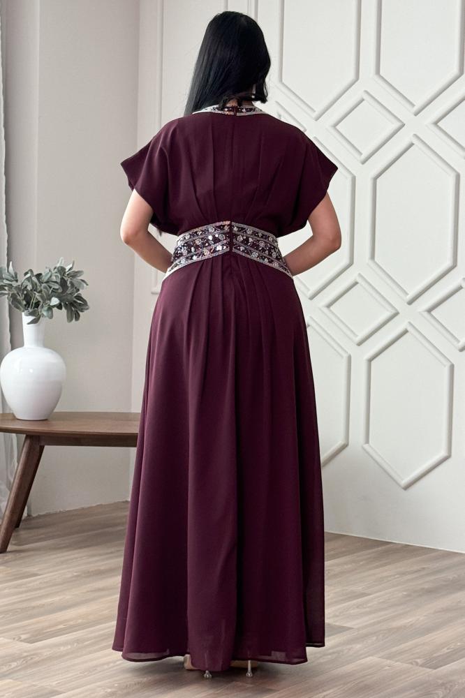 Burgundy chiffon jalabiya with sequins المقاس:(L - 40)