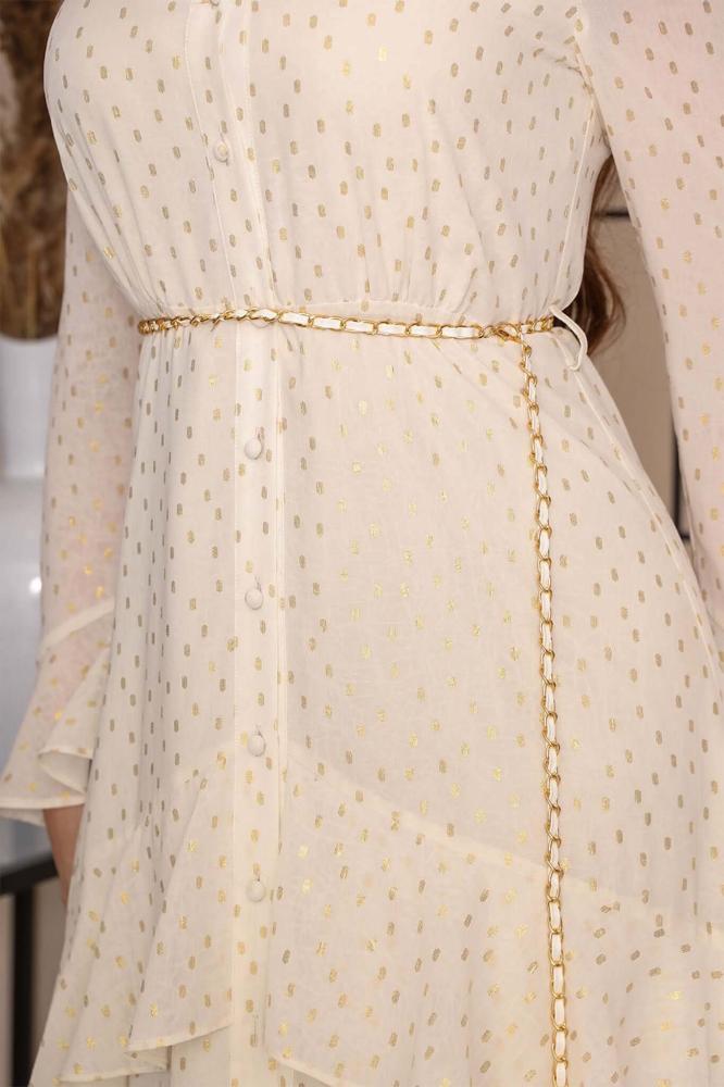 Gold Polka Dot Tiered Midi Dress المقاس:(L - 40)