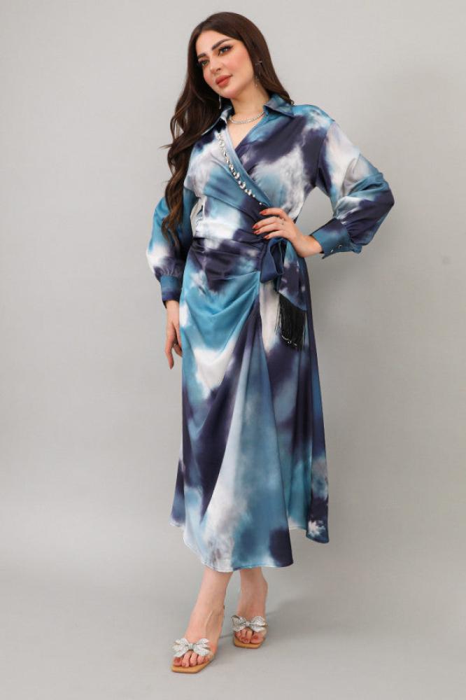 Midi dress with a tie at the waist, embellished with fringe and crystals المقاس:(L - 40)