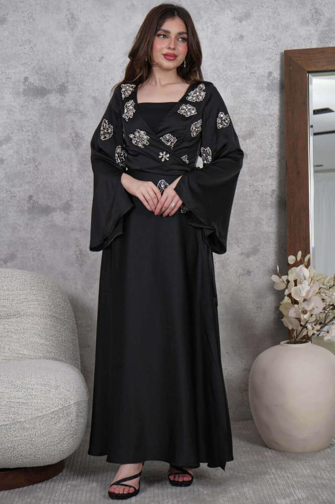 Black Crystal Embellished Wrap Maxi Dress المقاس:(XXL - 44)