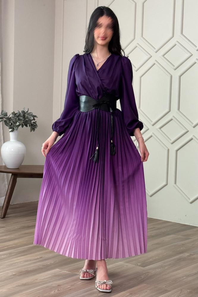 Purple pleated wavy dress with belt المقاس:(L)