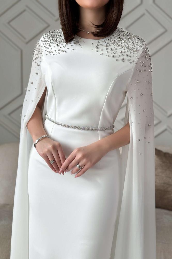 White chiffon cape sleeve midi dress المقاس:(XXL - 44)