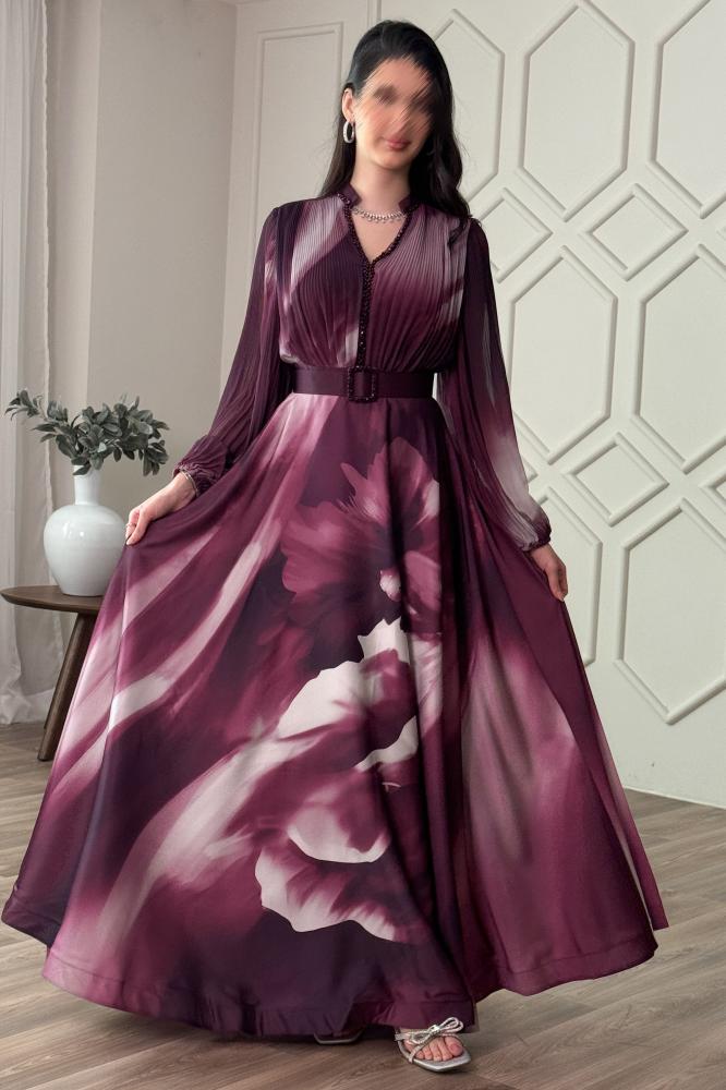 Purple floral print pleated maxi dress المقاس:(L - 40)