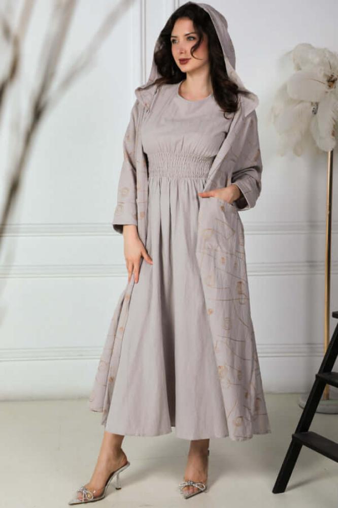 Beige hooded coat and waist dress set المقاس:(L)