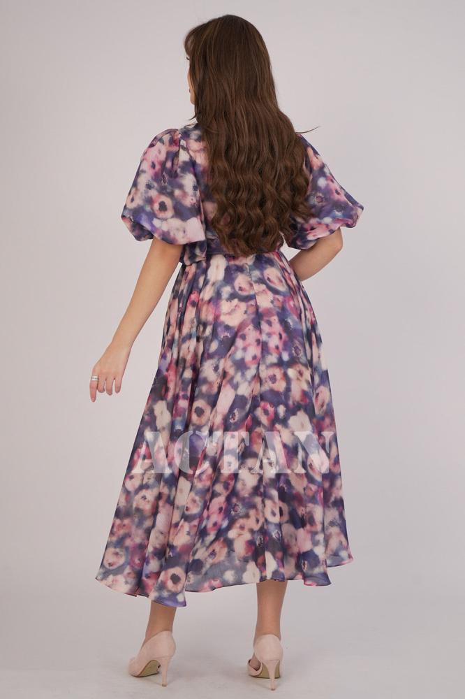 Navy blue puff sleeve midi dress المقاس:(L - 40)