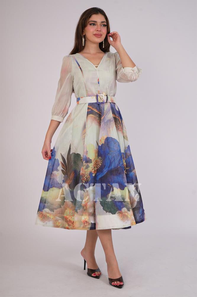 Elegant blue floral midi dress المقاس:(S - 36)