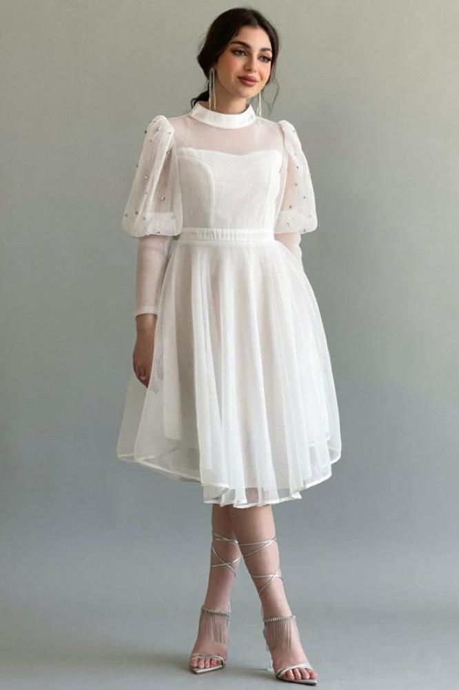 Short white tulle mesh dress with crystals المقاس:(S)
