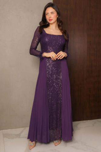 Long purple chiffon pleated sequin evening dress المقاس:(L - 40)