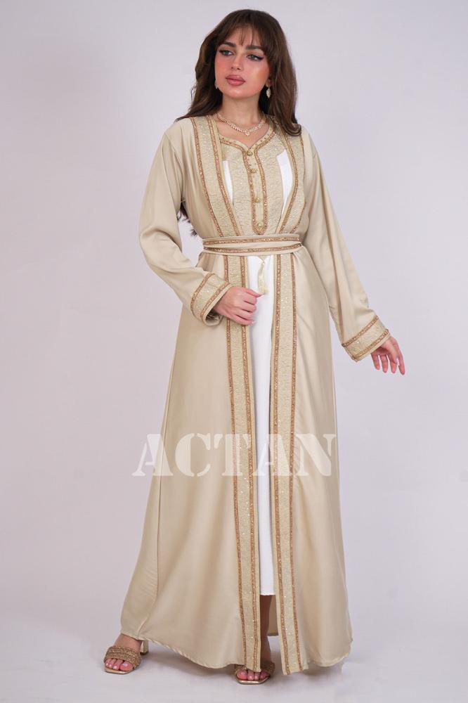 Two-piece jalabiya with gold embroidery, beige color المقاس:(L)