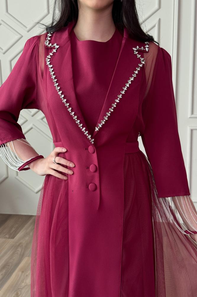 Purple Crystal Embellished Tulle Two-Piece Dress Size:(M - 38)