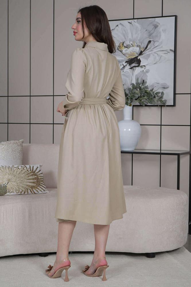 Beige linen midi dress with pockets المقاس:(M - 38)