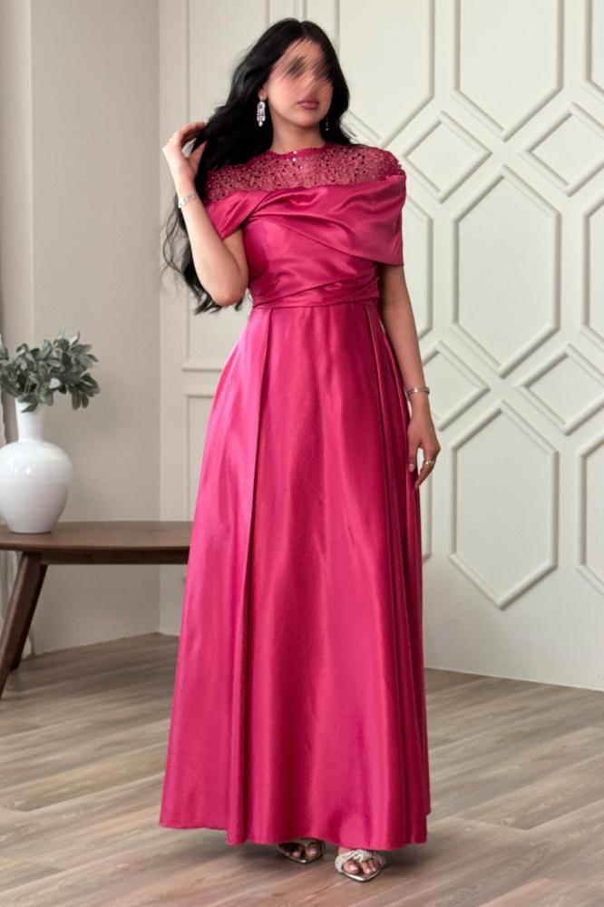 Fuchsia satin taffeta dress with collar sleeves المقاس:(L)