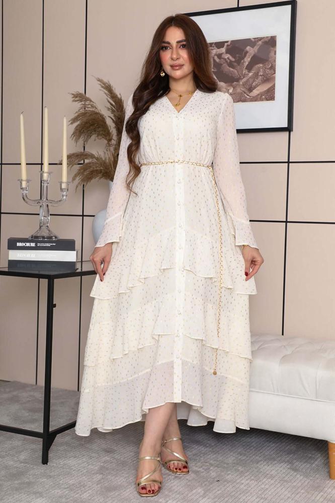 Gold Polka Dot Tiered Midi Dress المقاس:(L - 40)