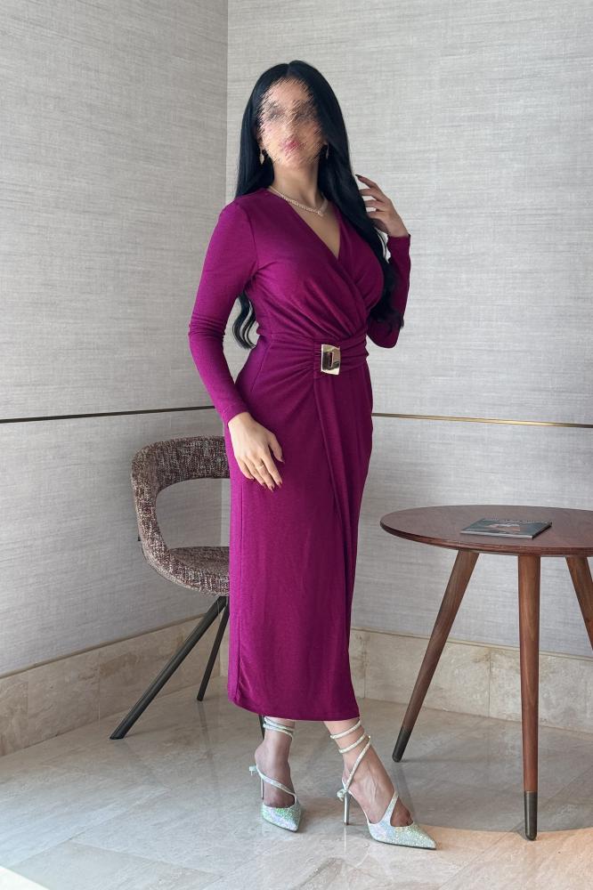 Fuchsia Brooch Pleated Midi Dress المقاس:(M - 38)