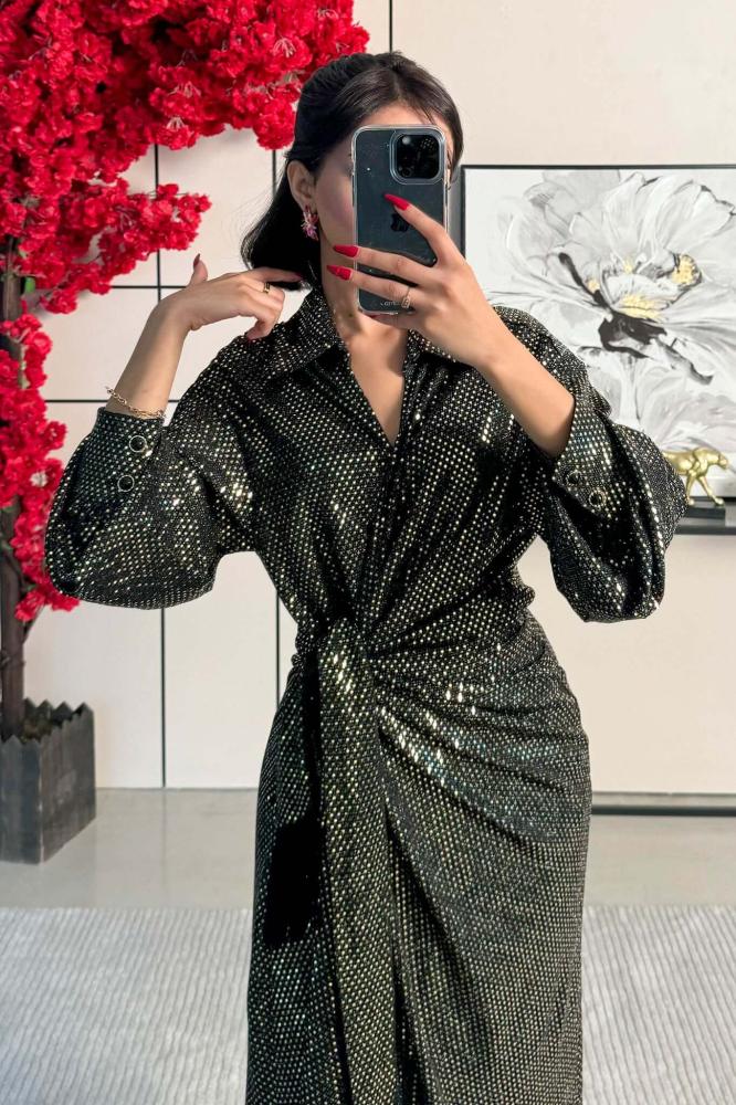Black Tasseled Shiny Maxi Wrap Dress المقاس:(S)