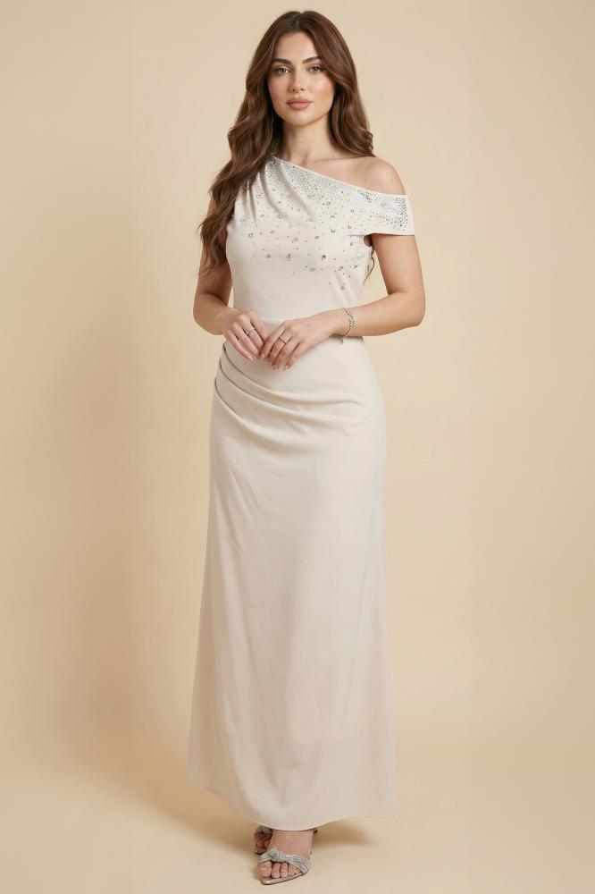 Beige sequined draped bodycon dress المقاس:(XL - 42)