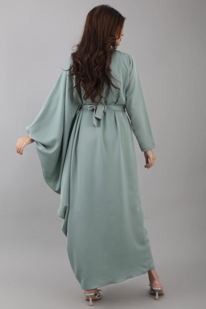 Modern jalabiya with a distinctive design, embroidered with beads and pearls, Tiffany color المقاس:(L)