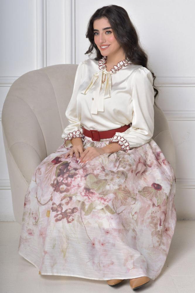 Elegant floral blouse and skirt set المقاس:(L)