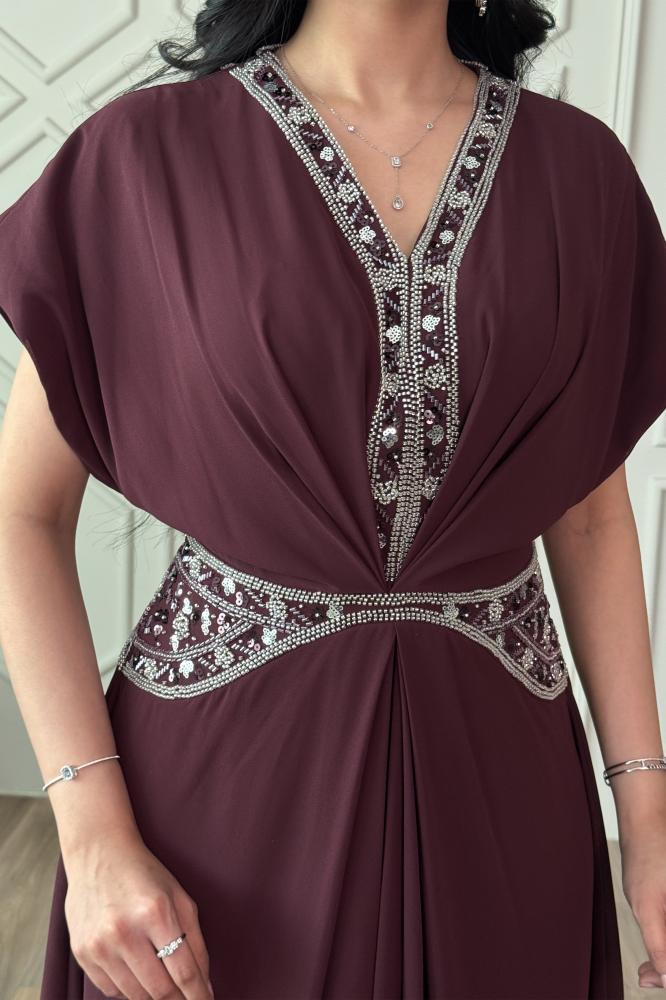 Burgundy chiffon jalabiya with sequins المقاس:(L - 40)