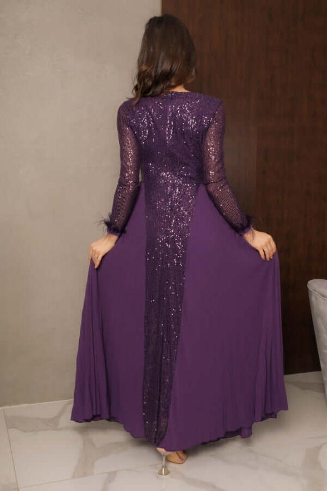 Long purple chiffon pleated sequin evening dress المقاس:(L - 40)