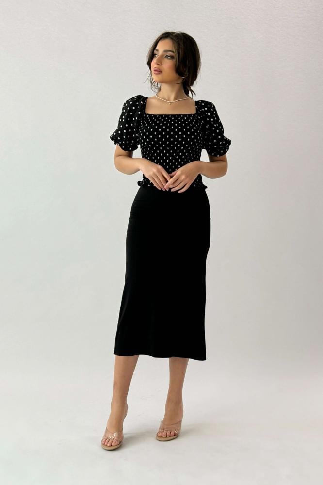 Black polka dot print ruffle effect blouse المقاس:(M)
