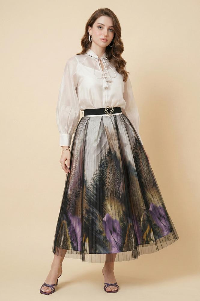 Black Floral Print Tulle Shirt and Skirt Set المقاس:(L - 40)