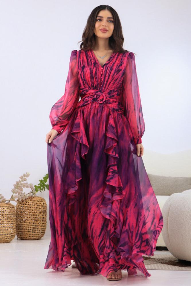Fuchsia Ruffle Wavy Maxi Dress المقاس:(L - 40)