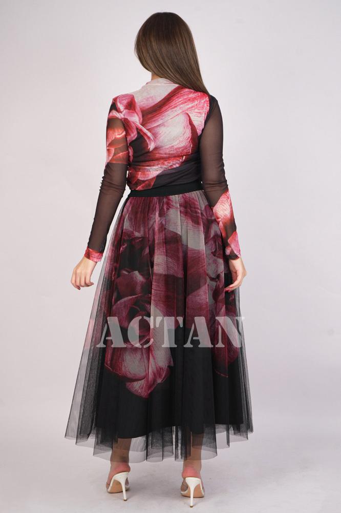 Red Floral Print Tulle Skirt and Blouse Set المقاس:(M - 38)