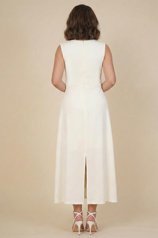 Beige draped dress with rose brooch المقاس:(S - 36)