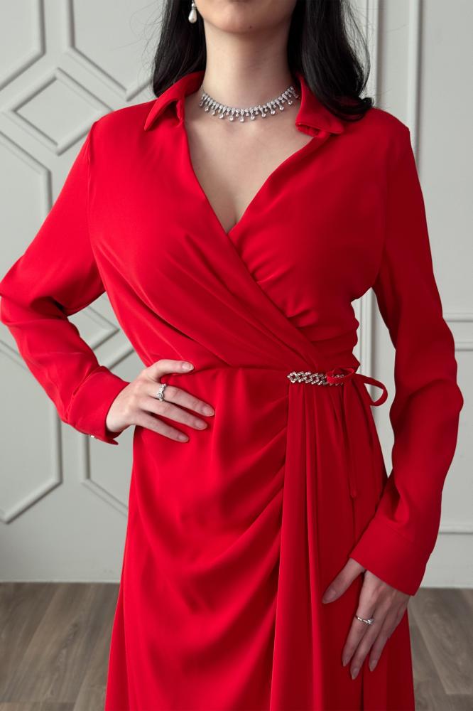 Red pleated wrap long dress المقاس:(XXL - 44)