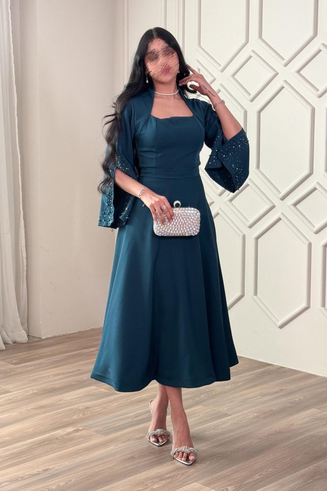 Elegant long-sleeved midi dress with pearl embellishment in turquoise المقاس:(XL)