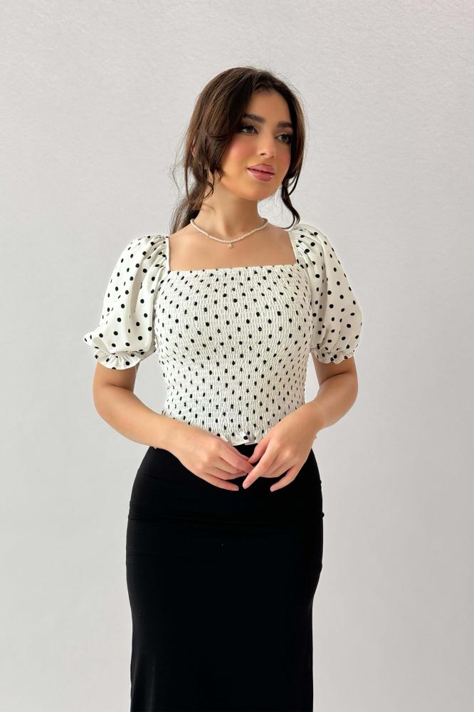 Sugar-colored polka-dot print ruffle-effect blouse المقاس:(L)