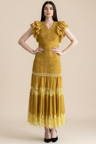 Cumin lace-embellished ruffle sleeve maxi dress المقاس:(L)